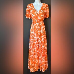 SugarLips Tangelo Floral Monaco Tiered Maxi Dress orange white dress small